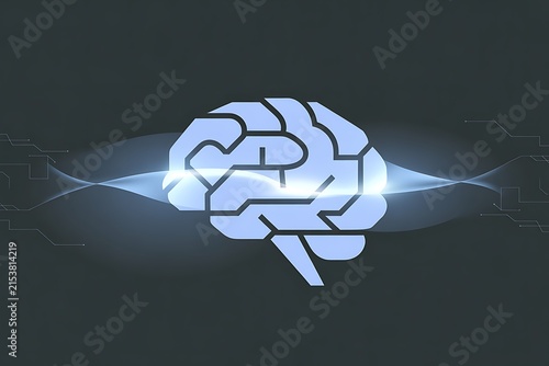 3D human brain with glowing neural network connections and digital data flow for AI technology