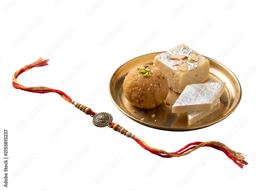 Fototapeta premium Handcrafted Raksha Bandhan rakhi displayed beside traditional Indian mithai on a brass plate, isolated as a transparent PNG festive gifting element.