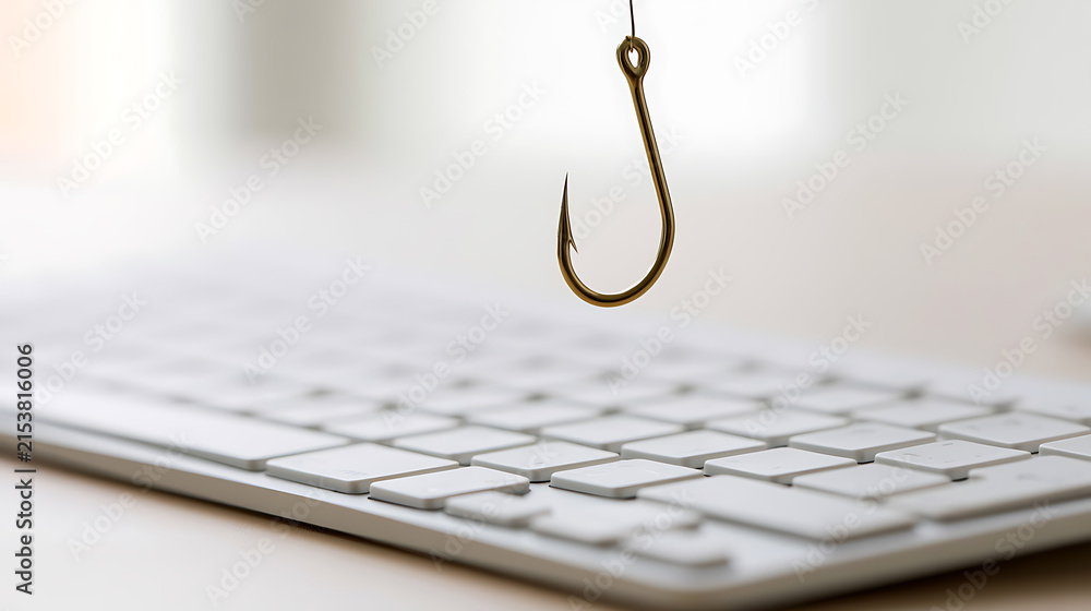 Fototapeta premium Metallic Fish Hook Suspended Over a White Computer Keyboard, Symbolizing Digital Deception, Phishing Scams, and Cyber Security Threats
