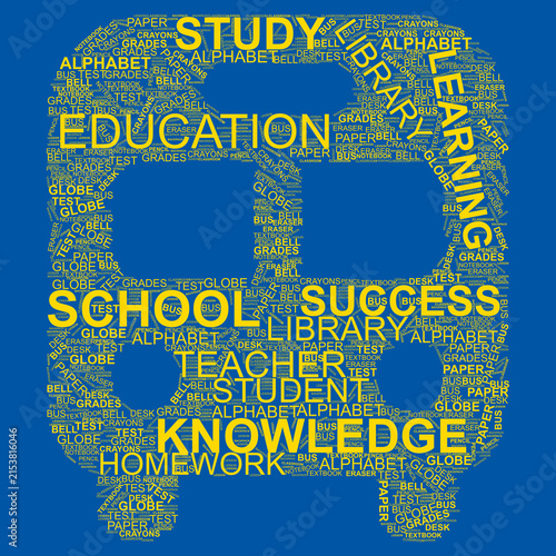 School Bus Word Cloud Typography Yellow Silhouette On Blue Background, perfect for student transportation marketing, back-to-school promotional banners, and classroom decorations