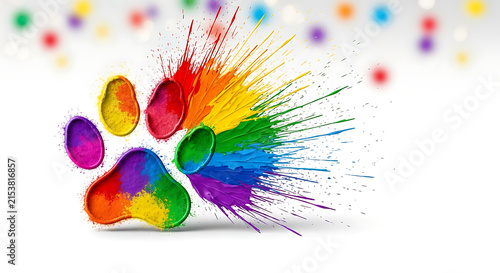 Vibrant rainbow paint splash animal paw print graphic element design with displays colorful paw paint splatters white