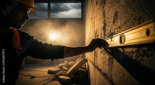 Construction Worker Ensuring Precision With Spirit Level On Textured Wall