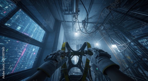 Futuristic Climber Prepares For Ascent In High Tech Vertical Environment
