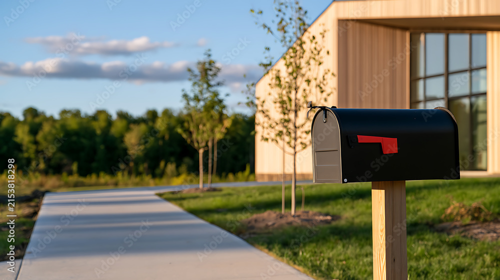 Fototapeta premium A black mailbox with a red flag stands by a sidewalk leading to a modern home, set against a backdrop of green trees and a blue sky at sunset