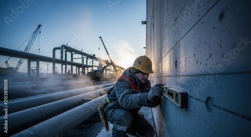 Industrial Construction Worker Ensuring Precision On Site