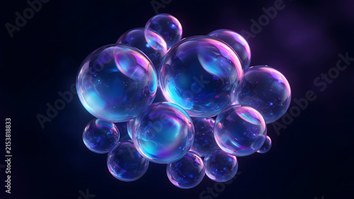Futuristic glowing neon glass spheres composition in dark space. Transparent overlapping lenses with intense refracting vibrant neon light for technology visual branding and landing page. 3d render