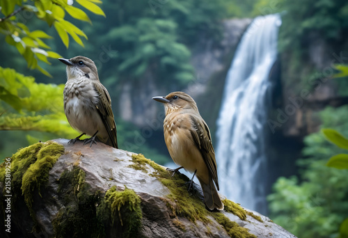 Two small brown birds perched on a mossy rock with a blurred waterfall and lush green forest in the background, Tranquility and natural beauty of a wilderness environment