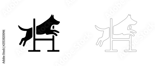 Dog jumping over hurdle vector icon filled and outline, agility sport and hurdle jump symbol.