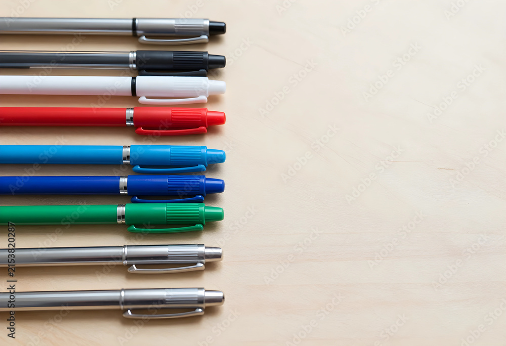 Fototapeta premium Assortment of colorful ballpoint pens and silver pens arranged neatly on a light wooden desk surface with copy space