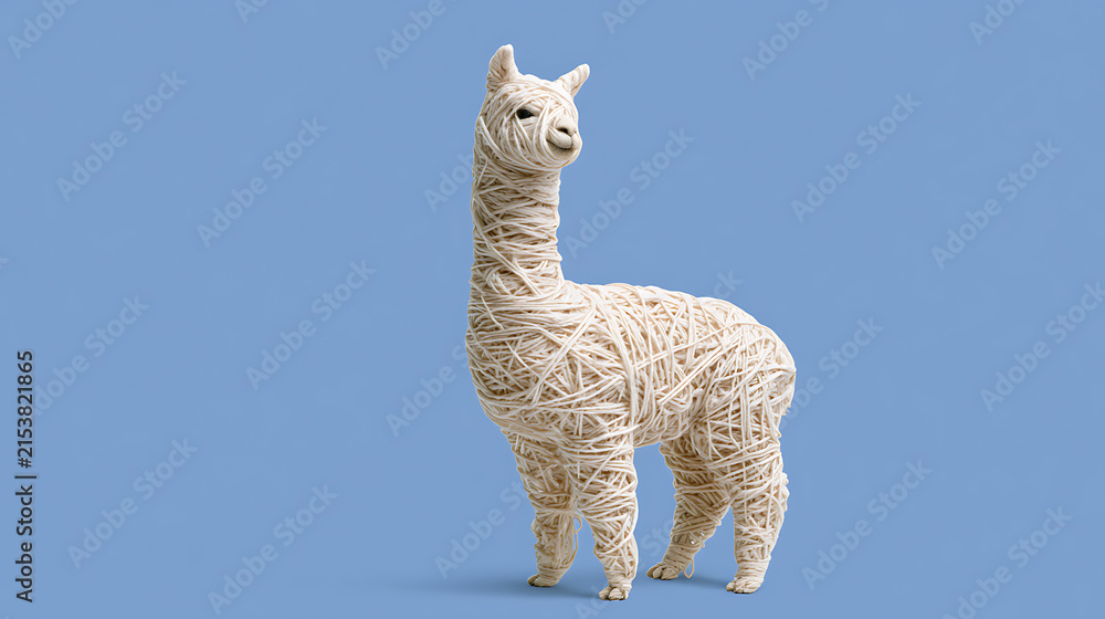 Obraz premium Charming creative llama figure crafted from natural yarn stands proudly on a solid blue background, showcasing textile art and design