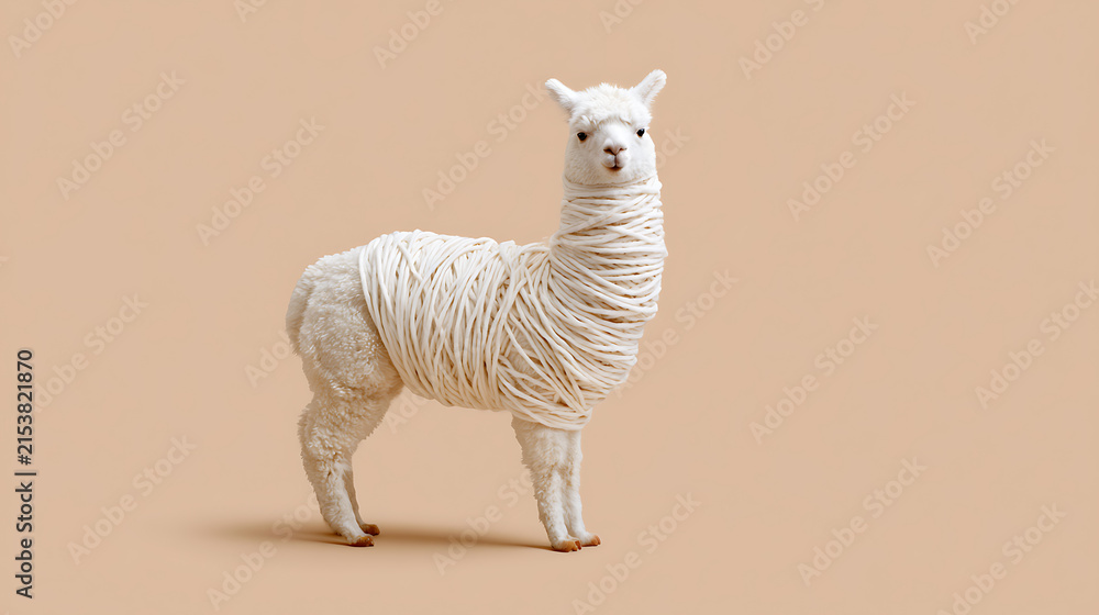 Naklejka premium Charming White Alpaca Model with Yarn Wrap on Neutral Background: Studio Shot of a Llama with Creative Textile Element and Copy Space
