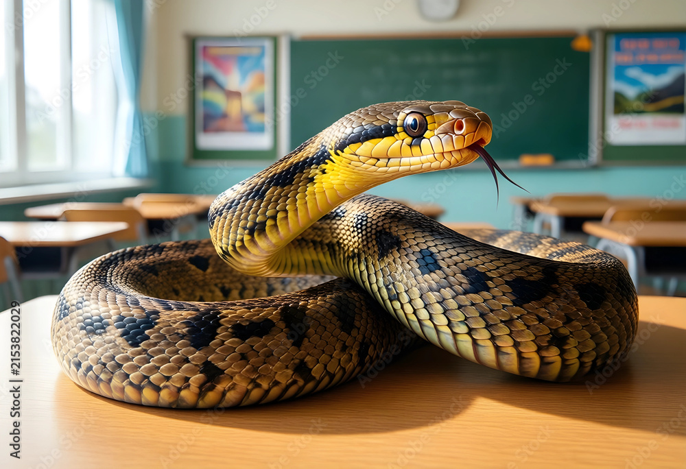 Obraz premium Large snake with yellow and black scales on a wooden desk in an empty classroom with a chalkboard