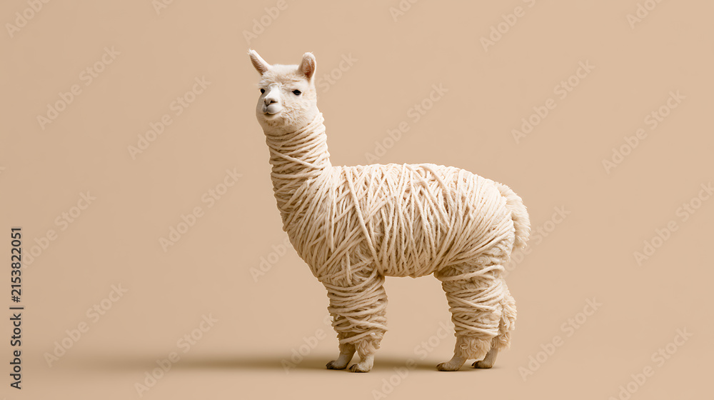 Obraz premium Charming Llama (Lama glama) Wrapped in Natural Yarn, Illustrating Fiber Connection on a Warm Beige Background, Creative Textile Concept