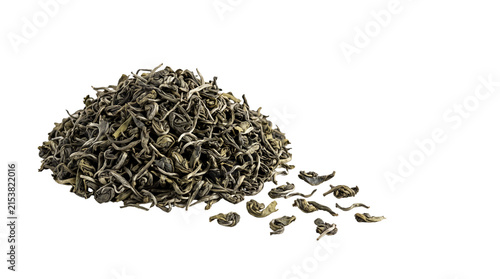 Premium loose green tea leaves, organic dried herbal tea pile, high quality aromatic tea blend for wellness and brewing isolated PNG with Transparent Background