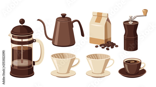 Fotografie Set of coffee brewing equipment including french press, gooseneck kettle, paper