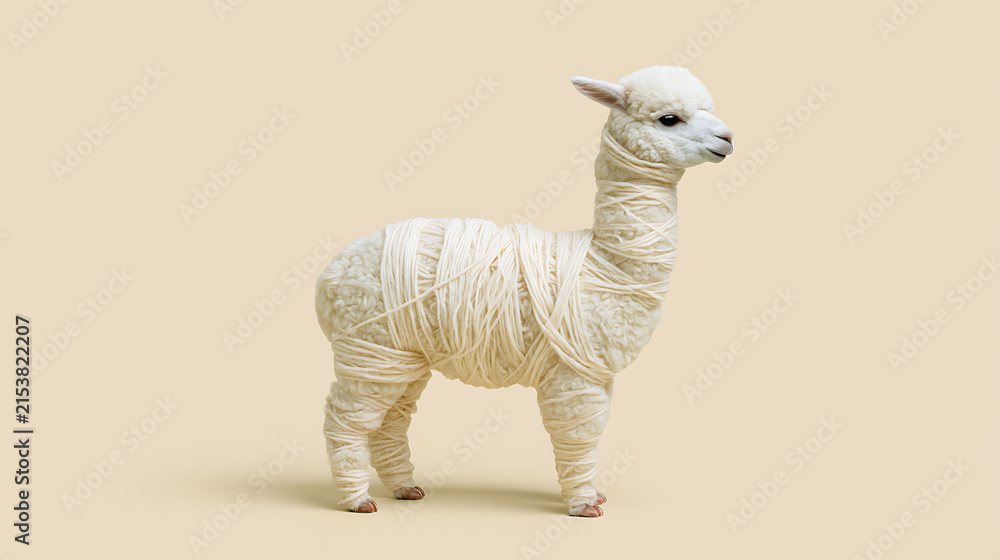 Naklejka premium Charming baby llama (Lama glama) artfully wrapped in white yarn, standing against a clean, light beige studio background, side profile shot