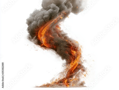 A swirling tornado of fire and smoke rising upwards isolated on white background