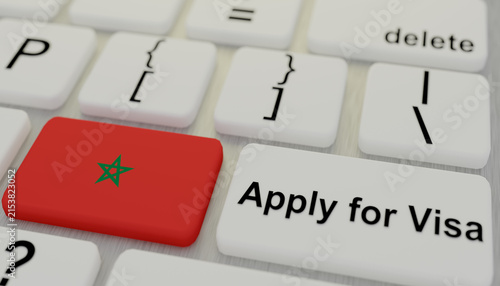 Foto Visa Application Key: A close-up view of a keyboard features a prominent red key displaying the Moroccan flag, alongside a 'delete' key and a key labeled 'Apply for Visa'
