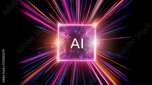 Dynamic Artificial Intelligence Concept with Glowing Neon Square and Light Rays on Black Background for Technology and Future