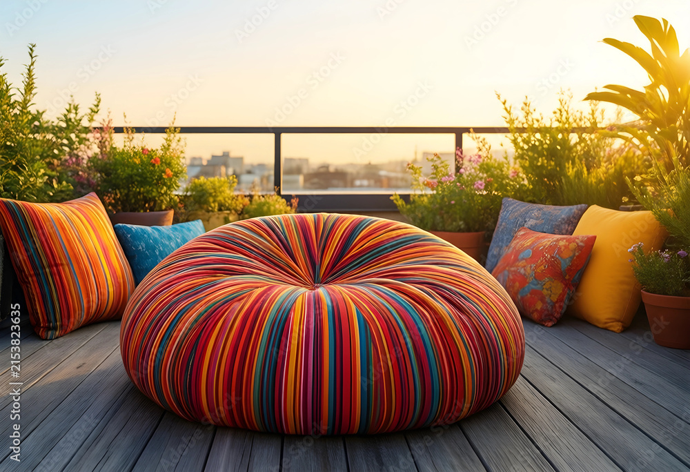 Fototapeta premium Colorful striped bean bag and decorative pillows on a wooden rooftop deck at sunset with city view, Serene sunset with a blurred city view in the background, creating a relaxing outdoor living