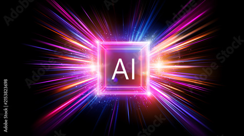 Abstract illustration of Artificial Intelligence symbol with bright neon light trails and glowing square on a dark background