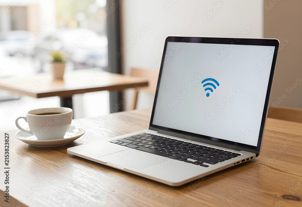 Fototapeta premium Laptop with wifi symbol on screen and coffee cup on a wooden table in a cafe setting