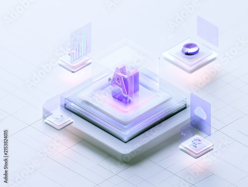 Conceptual 3d illustration of artificial intelligence technology with a central ai processor, data charts, and cloud computing icons isolated on white background