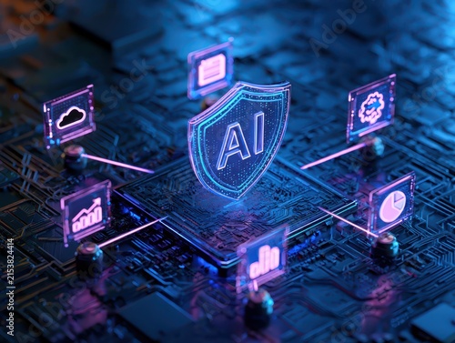 Ai security and data protection concept with a glowing shield icon on a digital circuit board background representing artificial intelligence cybersecurity