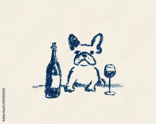 Handdrawn illustration of a french bulldog with a bottle of wine and a glass, sketch style