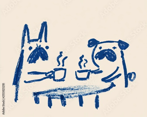 Two dogs sitting at a table drinking coffee, handdrawn style illustration