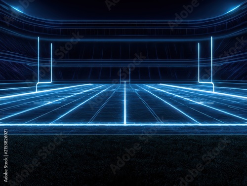 Futuristic glowing blue neon american football field with goalposts in a dark stadium
