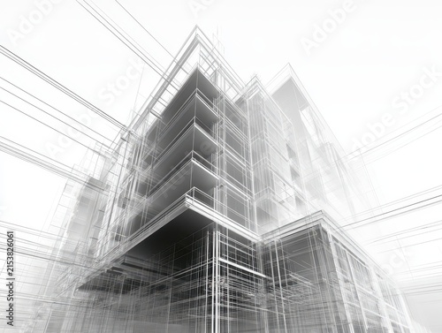 Architectural wireframe of a modern building structure
