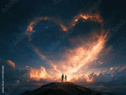 Romantic couple holding hands under a giant glowing heart nebula in the night sky