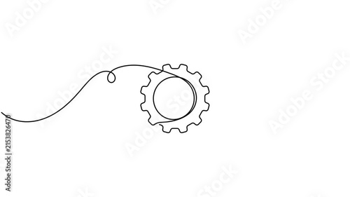 Modern cogwheel gear within speech bubble icon sign continuous one line drawing moving on white background minimalist single art automation service for conversation process symbol animation