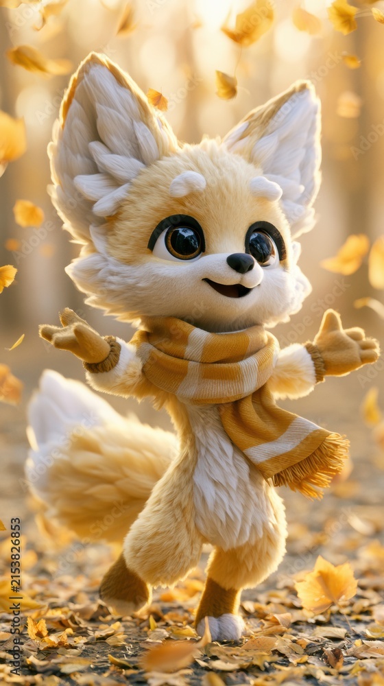 Naklejka premium A cute fox character runs and jumps in falling leaves on a sunny day. The setting shows vibrant colors and soft light.