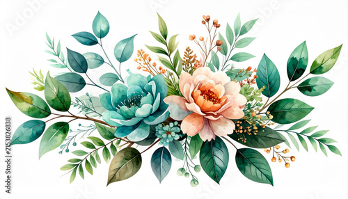 Watercolor floral bouquet with teal and peach flowers