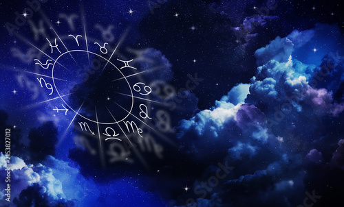 Zodiac wheel with astrological signs against night sky with stars. Illustration
