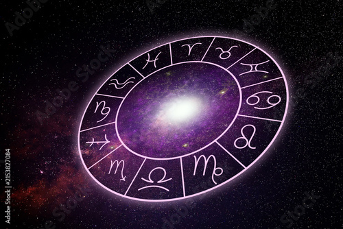 Astrological wheel with horoscope symbols against night sky with stars. Illustration