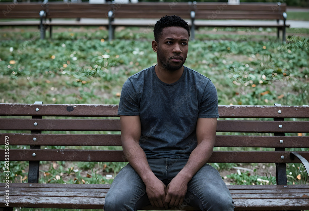 Fototapeta premium Young african american man sitting alone on a park bench, looking away with a thoughtful and serious expression