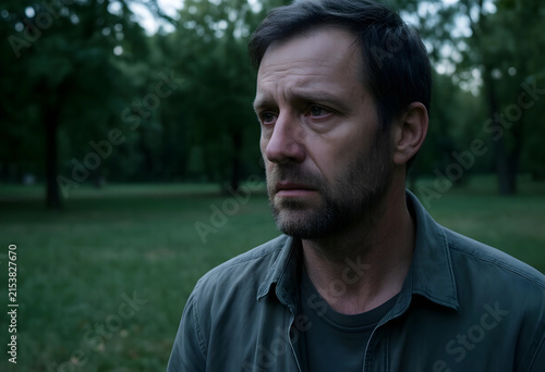 Close up of a pensive man with a beard looking away in a park, expressing sadness and contemplation