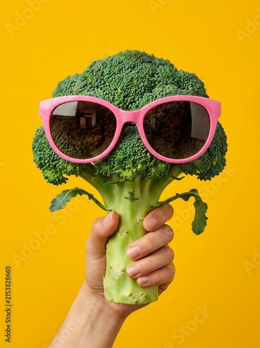 Human hand holding fresh broccoli floret with pink stylish sunglasses against yellow background