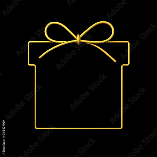 Blank gold luxury square gift box frame sign template or empty golden present frame wire border with gold gift rope bow isolated on dark black background minimal concepts 3D rendering