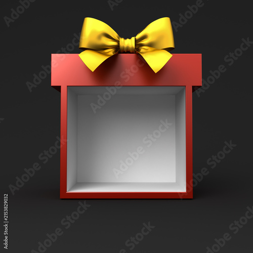 Exhibition booth display showcase red present box mockup or blank red gift box stand with gold ribbon bow isolated on black background minimal conceptual 3D rendering