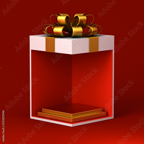 Blank gold squares podium pedestals in exhibition booth gift box corner product display mockup showcase stand with golden ribbon bow isolated on dark red background creative concepts idea 3D rendering
