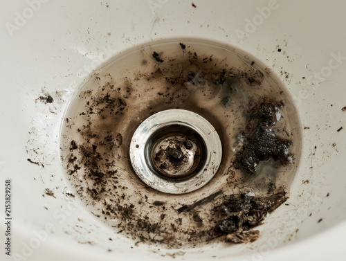 Dirty bathroom sink drain clogged with hair and grime