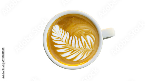 Bild auf Leinwand White ceramic cup with latte art fern pattern, isolated on transparent backgroun