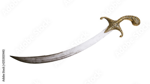 Foto Ornate golden hilt curved steel scimitar sword, isolated on transparent backgrou