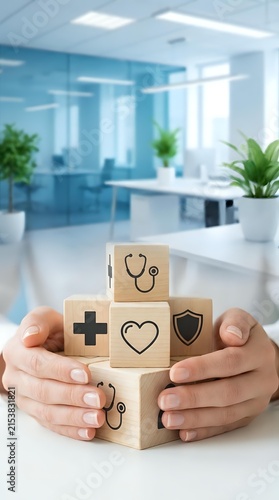 Caucasian male hands holding wooden blocks with healthcare icons