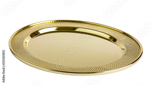 Fotografie Shiny golden oval platter with decorative rim, isolated on transparent backgroun