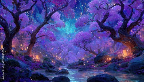 Mystical, vibrant forest at night